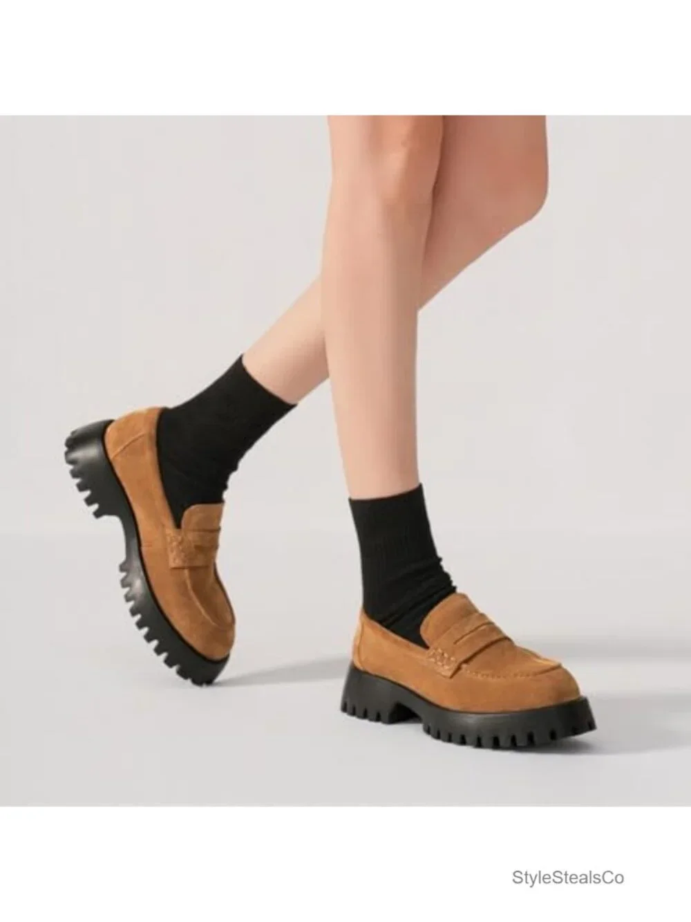 Women's Genuine Suede Loafers, Platform Chunky Penny Loafers, Lug Sole Slip On
